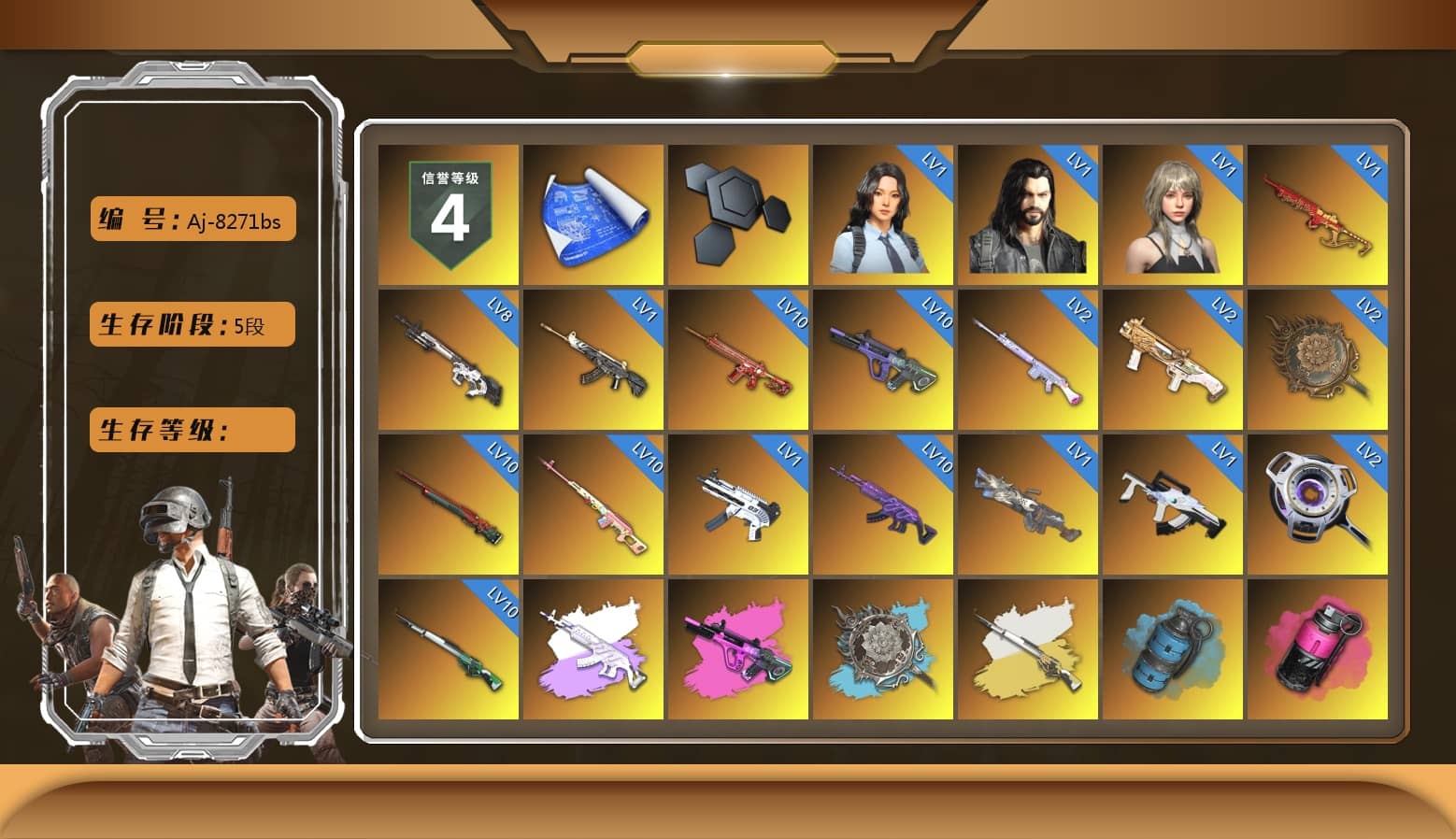 Rest in Pink — Dragunov [MAX], Medusa — Beryl M762 (Gray Purple), Cosmic Caliber - Kar98k (White Yellow), Azure Smoke Grenade, Magenta Smoke Grenade, Yellow Smoke Grenade, Pink Smoke Grenade, Orange Fog of Fury — M79, Hi-top Trainers (Red), Heybox Gloves, Duncan's Infiltrator Handwraps, Harley Quinn's Hair, The Joker's Hair, «911 Carrera GTS» Sports Car, «Cayenne Turbo GT» SUV, «Chiron» Sports Car, «Urus S» SUV, «McLaren GT Elite» Sports Car, «V12 Vantage Roadster» Sports Car, «Panigale V4 S (Jaded)» Motorcycle, Jonathan Kamau, Snow Glasses, PGC 2021 Contingent Chaos Mask, The Joker's Hair, PLAYERUNKNOWN's Bandana, Heavy Fur Coat (Black), SOOP T-Shirt, Rash Beixli Xtra Tough Jacket, Aespa, Polar Bear Feet, Harley Quinn's Hair, Hairstyle PGI.S, "CVO™ Road Glide® ST" Motorcycle, Rash Beixli Xtra Tough Jacket, Pirate KIM's M416, Pirate KIM's SKS, Harley Quinn's Makeup, PGI 2018 «Four Angry Men» Hoodie, PML 2019 Phase 2 Jacket, PEL 2019 Phase 2 Jacket, XingHun's Tiger Strike Jacket, XingHun's Tiger Strike Pants, NPL 2019 Phase 2 Jacket, PJS 2019 Phase 2 Jacket, PKL 2019 Phase 2 Jacket, Sideshow Bear Feet, Exquisite Pants, MET Asia Series Distressed Jeans, Sha Wujing's Shorts, StreamerOne, Training Jacket (Green), Full Autumn — M416, Festive Gloves (Red), Blue Thunder Gloves, Diva Glasses (White), 2018 PUBG ALL-STAR T-shirt (Korean), GLL Grand Slam Sweatshirt